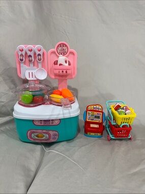 Kids Pretend Play Kitchen and Shopping Set with Pink and Teal Accessories